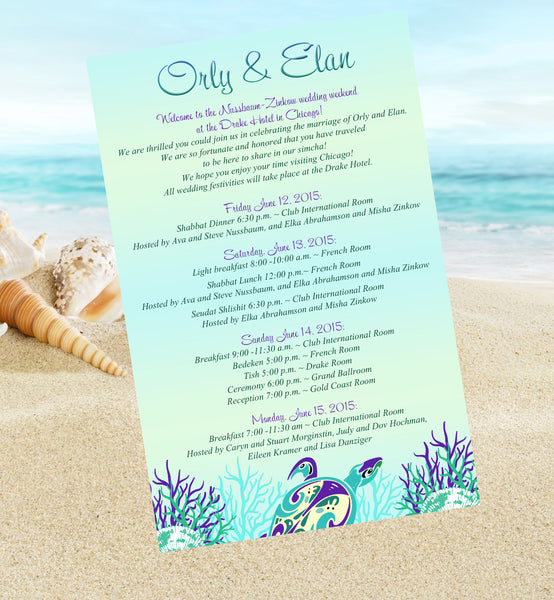 Sea Turtle Stationary Beach Wedding Itinerary Party Invitation