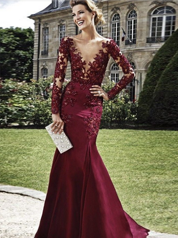 Burgundy Prom Dresses Mermaid Lace Long Prom Dress Mk083