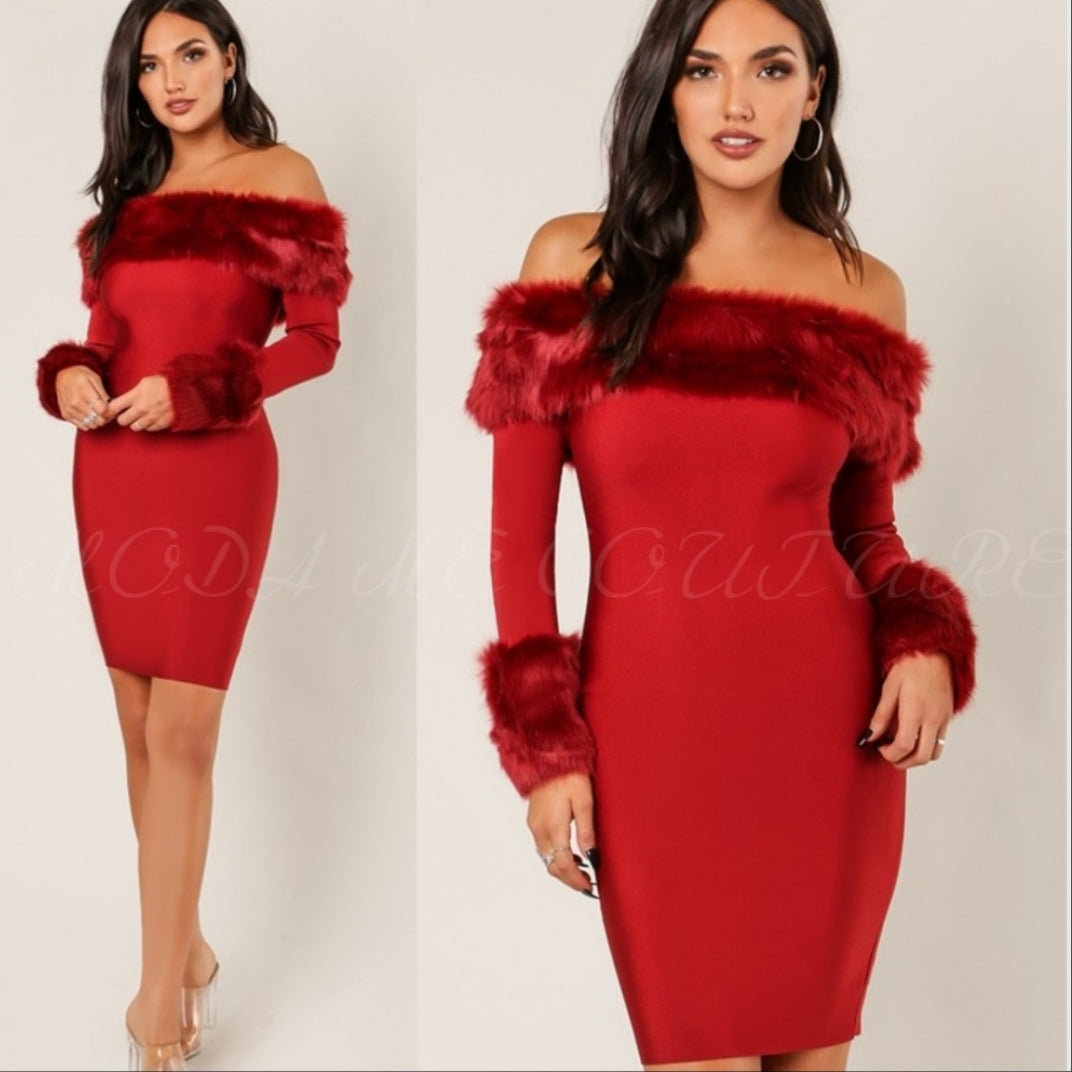 bodycon dress with fur trim