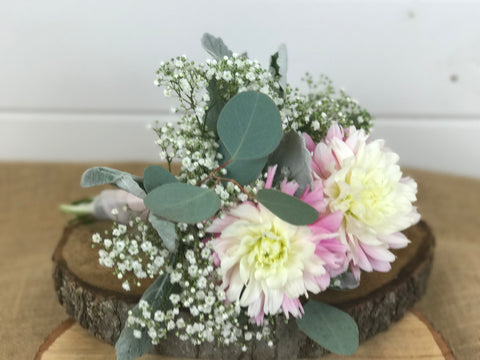 Bridesmaid's bouquet done by Gig Morris Florist in Belmar, NJ at Crystal Point in Pt. Pleasant, NJ with baby's breath, dahlias and eucalyptus in blush tones