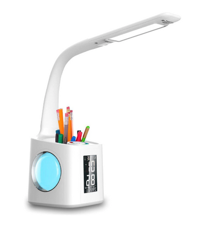 LED Desk Lamp with USB Charging Port, Digital Clock-Calendar, Dim-able Night Light & Pen Holder