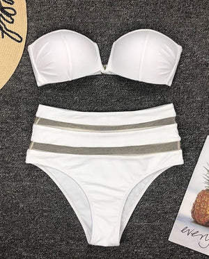 Bandeau High Waist White Bikini - skarnoldart, Swimwear, skarnoldart