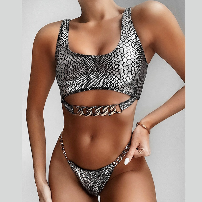 Snake Print Chain Swimsuit - skarnoldart, Swimwear, skarnoldart