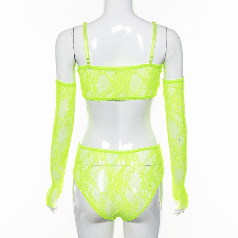 Neon Nights - Green Sheer High Waist Bra and Panty Set with gloves - prolinestadiumsucks, Lingerie Sets, prolinestadiumsucks
