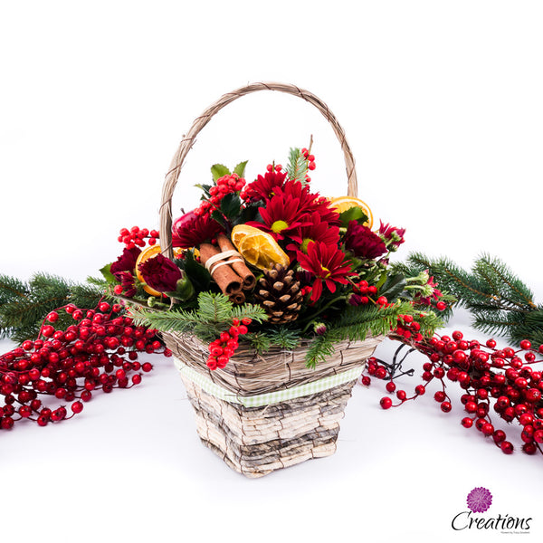 christmas flower arrangements in baskets