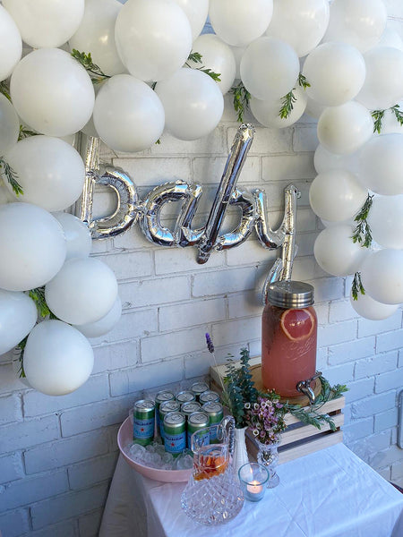 Willow Swim baby shower drinks table balloons