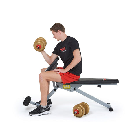 45067 York 13 in 1 Dumbbell Bench in Arm Curl Position with model