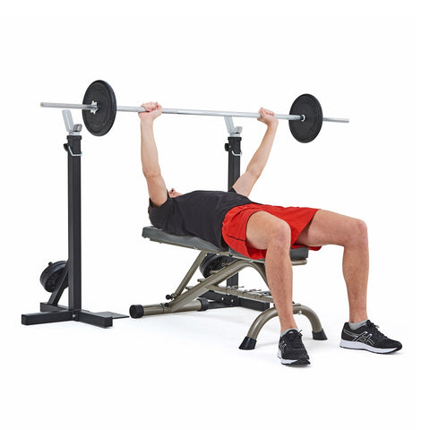 4025 York Fitness Heavy Duty Squat Stand and Fitness Bench with model performing chest press