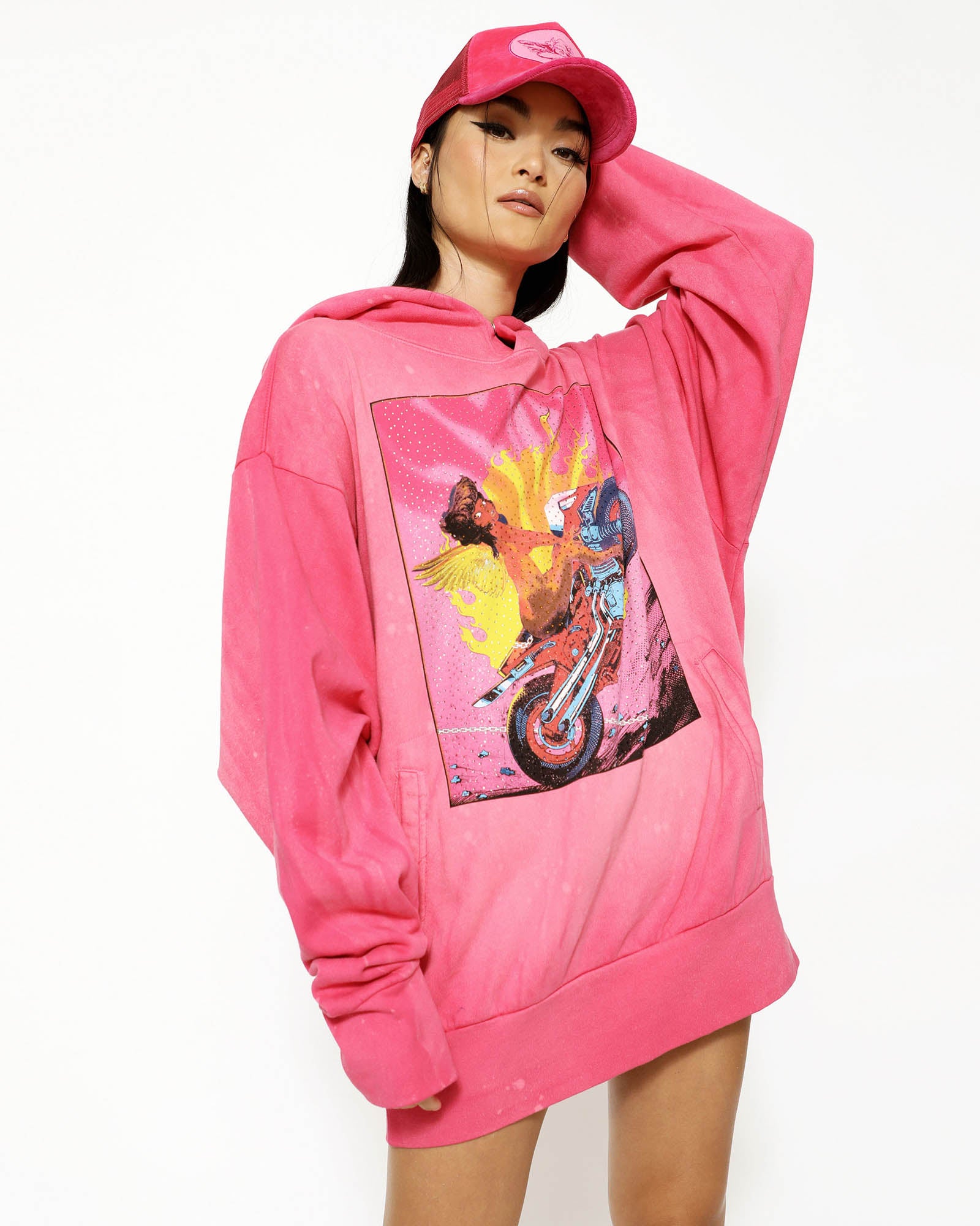 Boys Lie Hot Pink Oversized Hoodie With Rhinestones