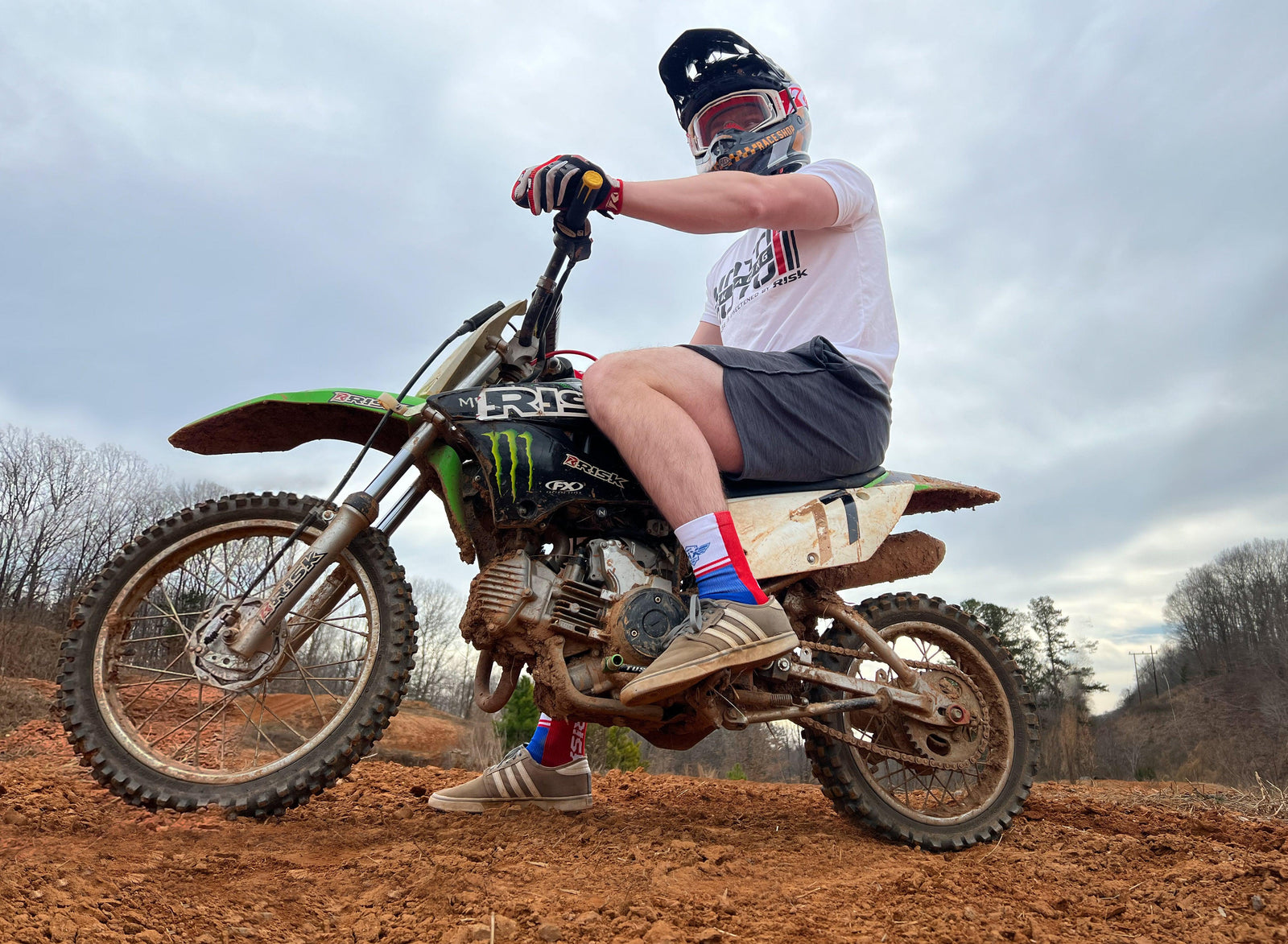 Red, White, & Blue Ride Risky moto socks lifestyle shoot pic5