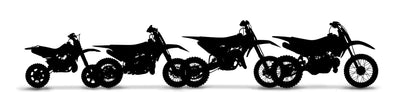 4 dirt bike silouettes in a row showing the range of dirt bike sizes that the lock-n-load mini pro covers