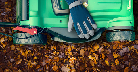 lawnmower, leaves and gardening gloves