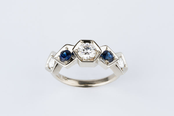 Custom White Gold, Moissanite, and Sapphire Ring by Corey Egan