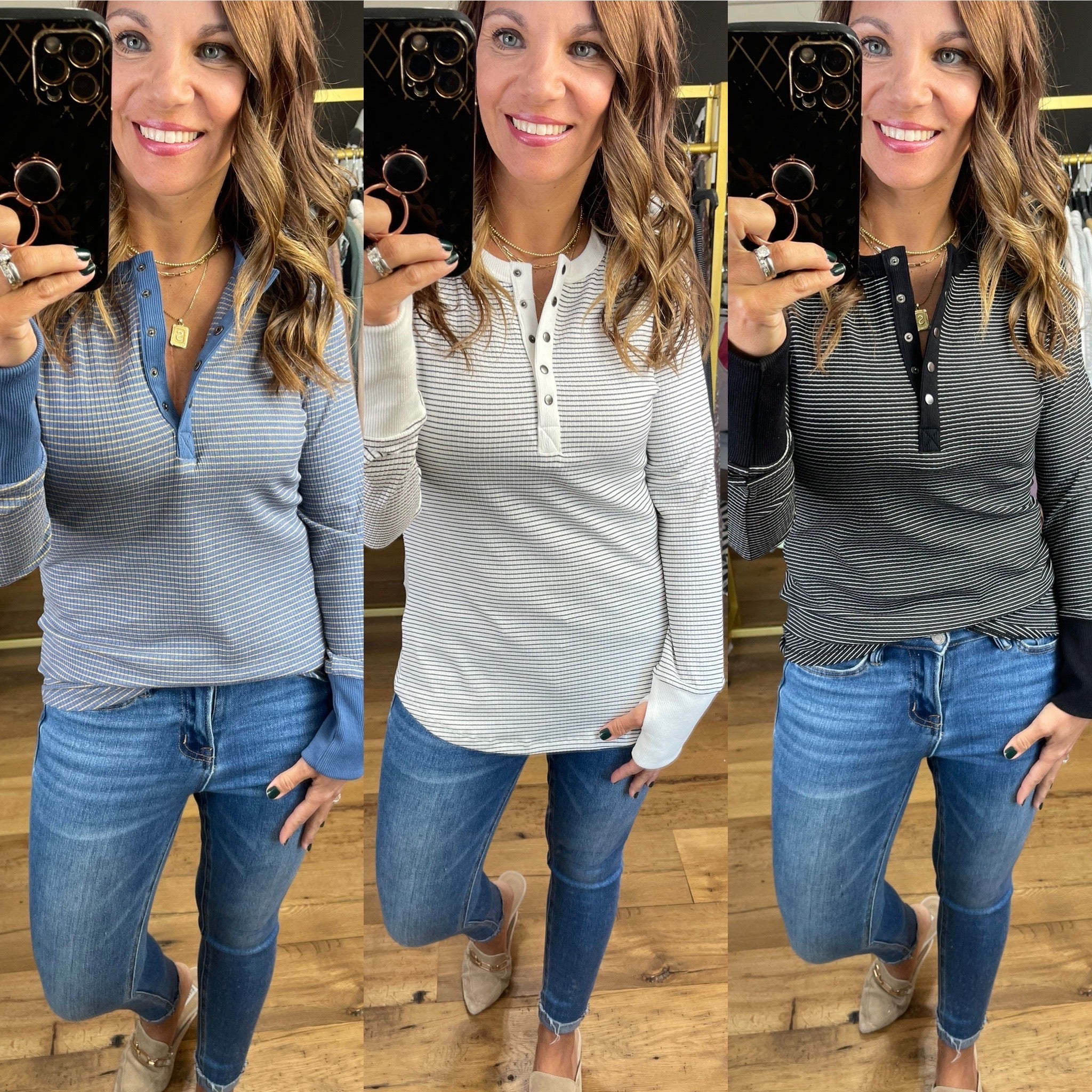 Always About It Ribbed Striped Button-Detail Longsleeve - Multiple Options