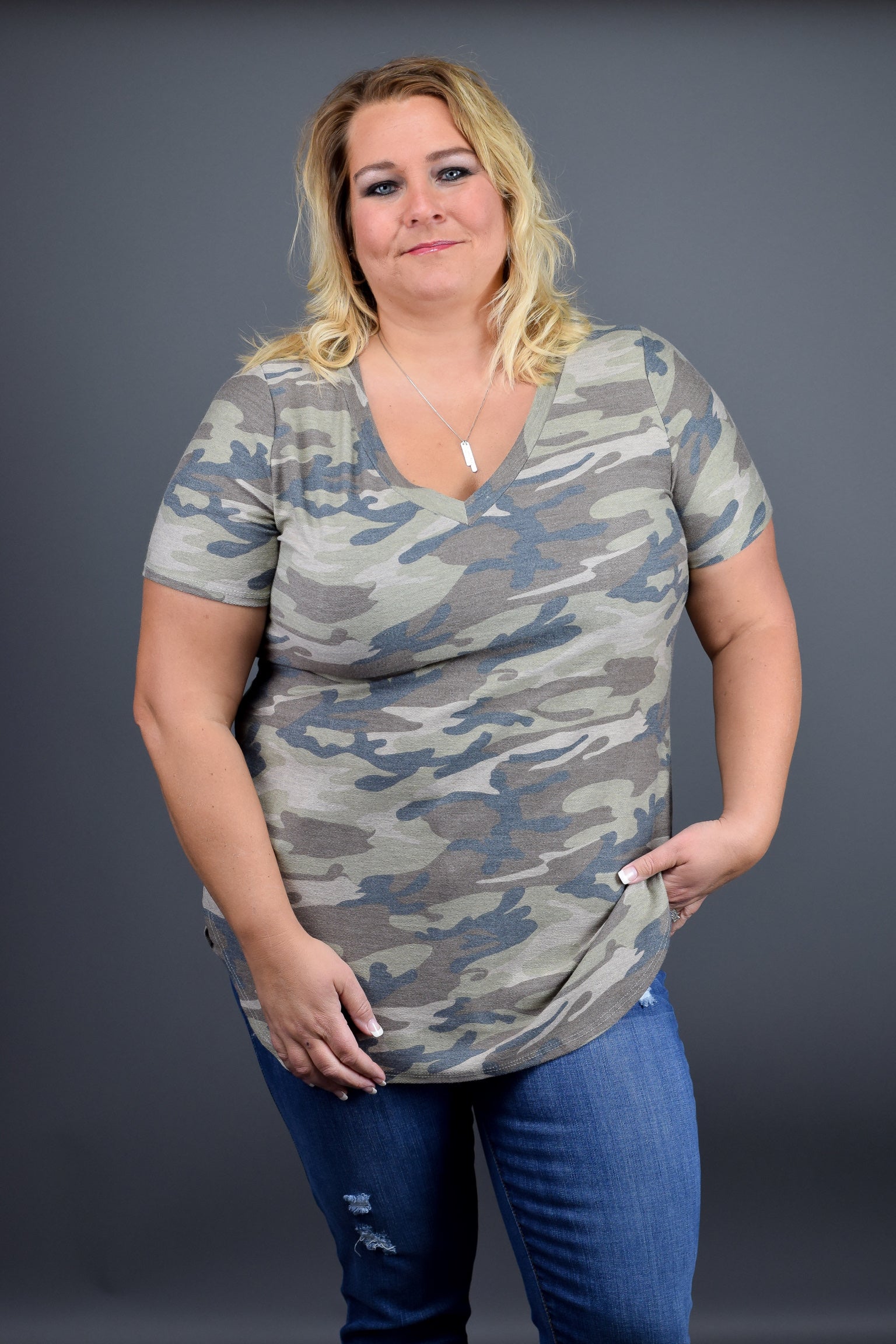 Speaking My Mind Camo Vneck Tee - Curvy