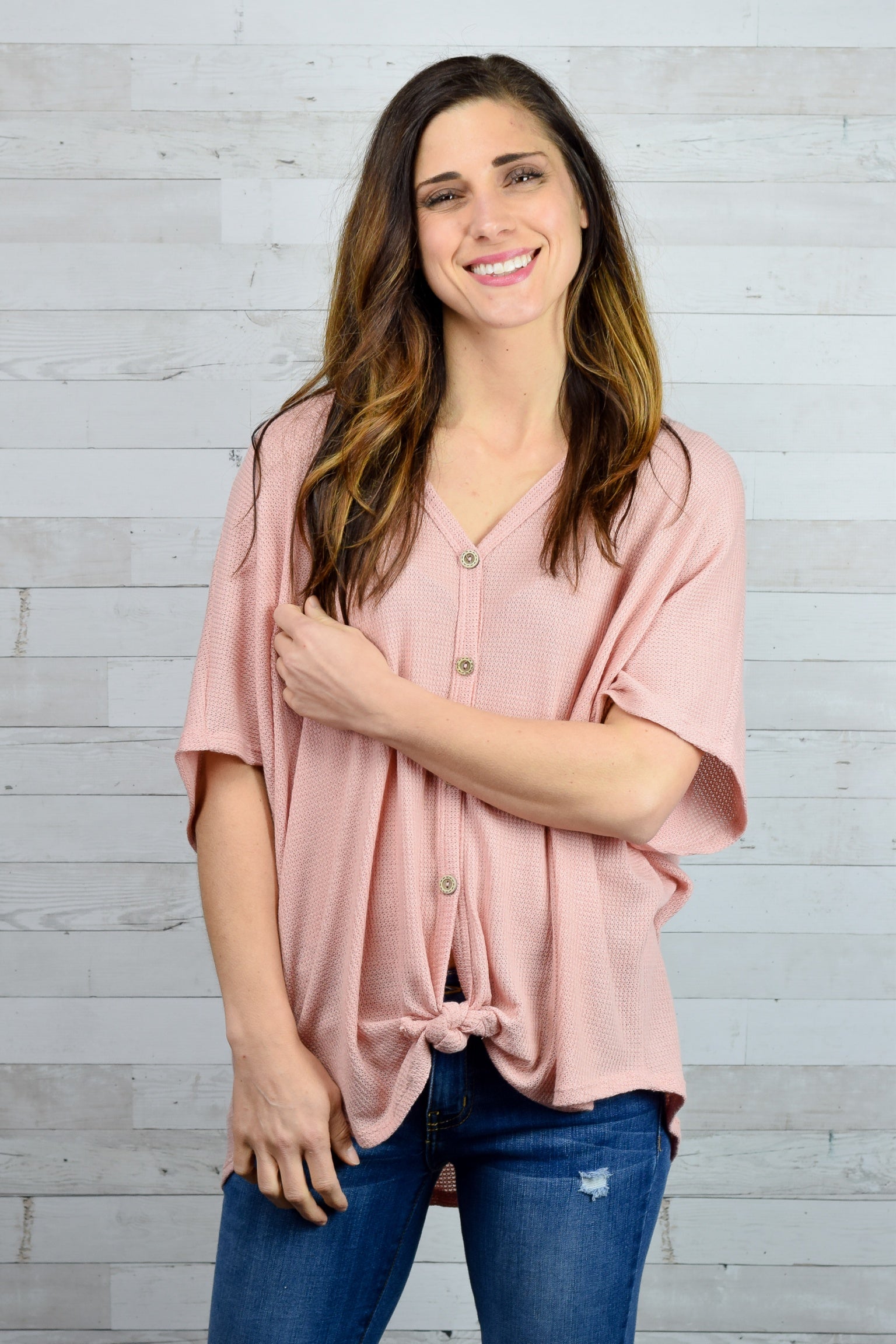 Party Crowd Button Up Front Knot Dark Blush Tee