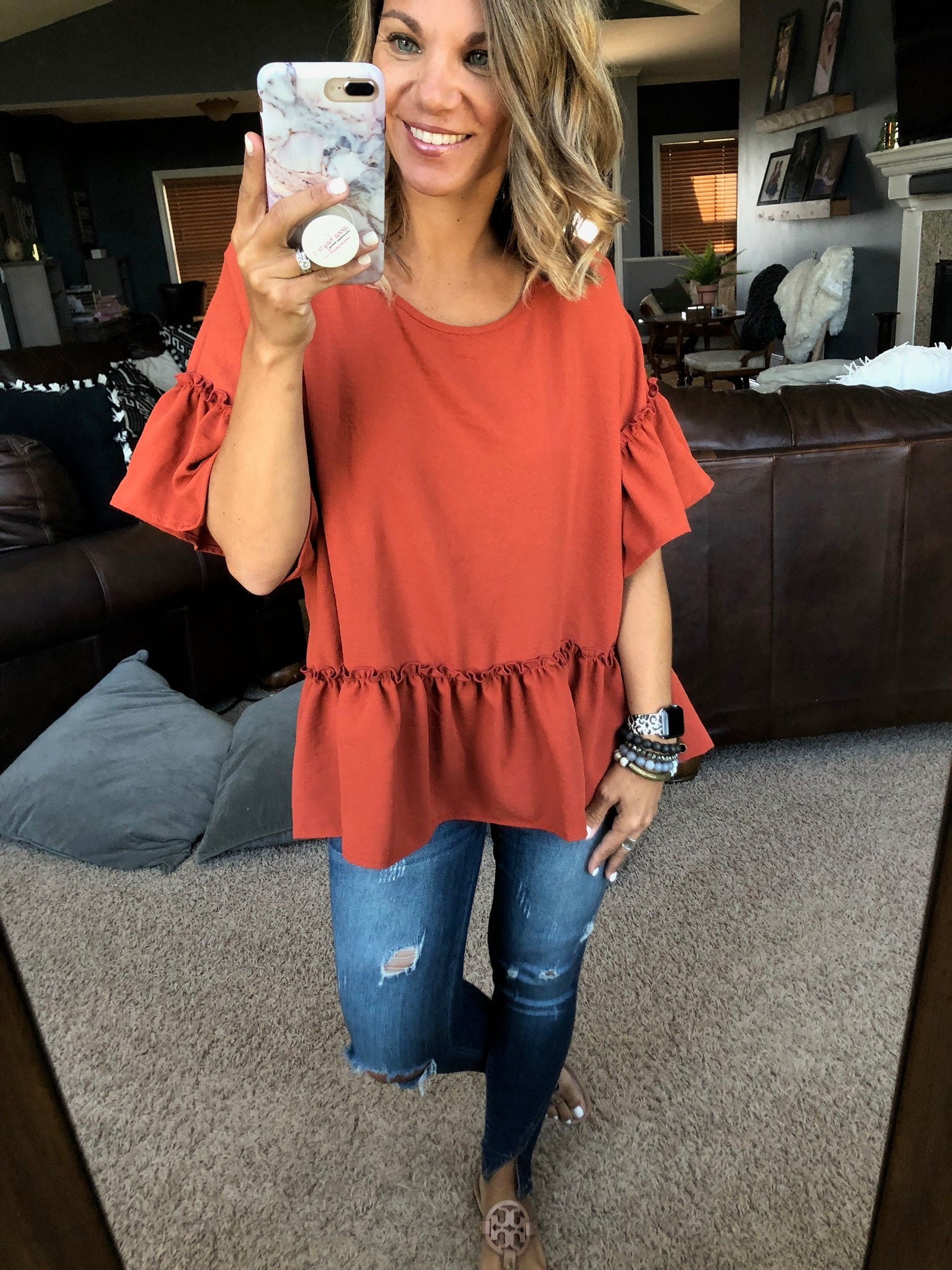 Never Leave You Rust Peplum Top with Ruffle Sleeve