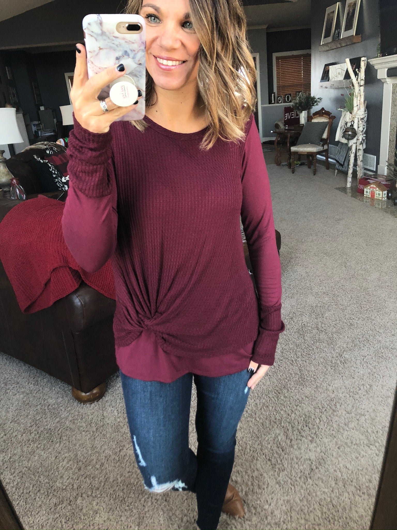 Knot Your Basic Burgundy Waffle Long Sleeve with Faux Layer and Front Twist