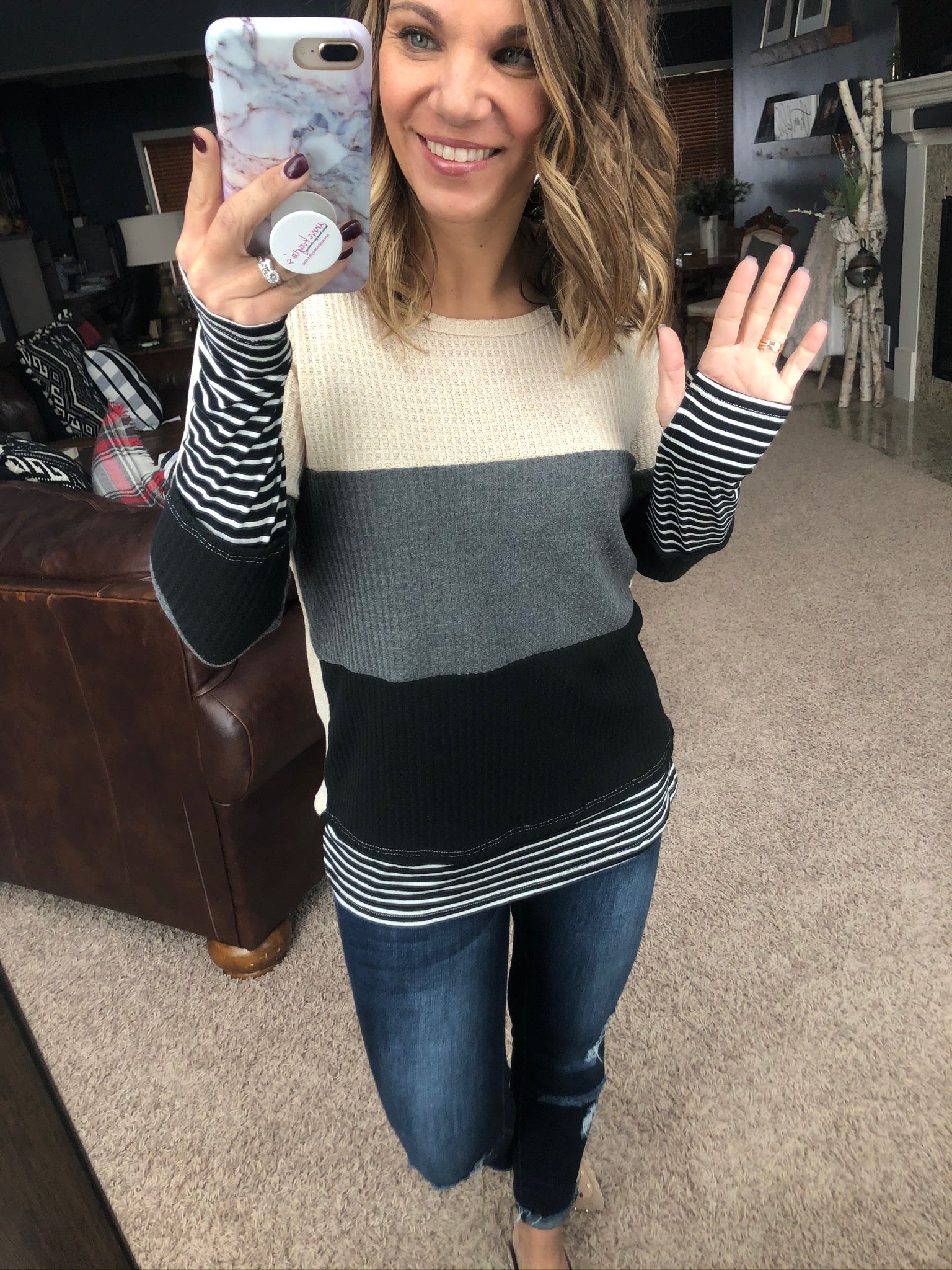 Keep In Touch Colorblock Waffle Long Sleeve with Thumbholes- Oatmeal, Charcoal and Black Mix