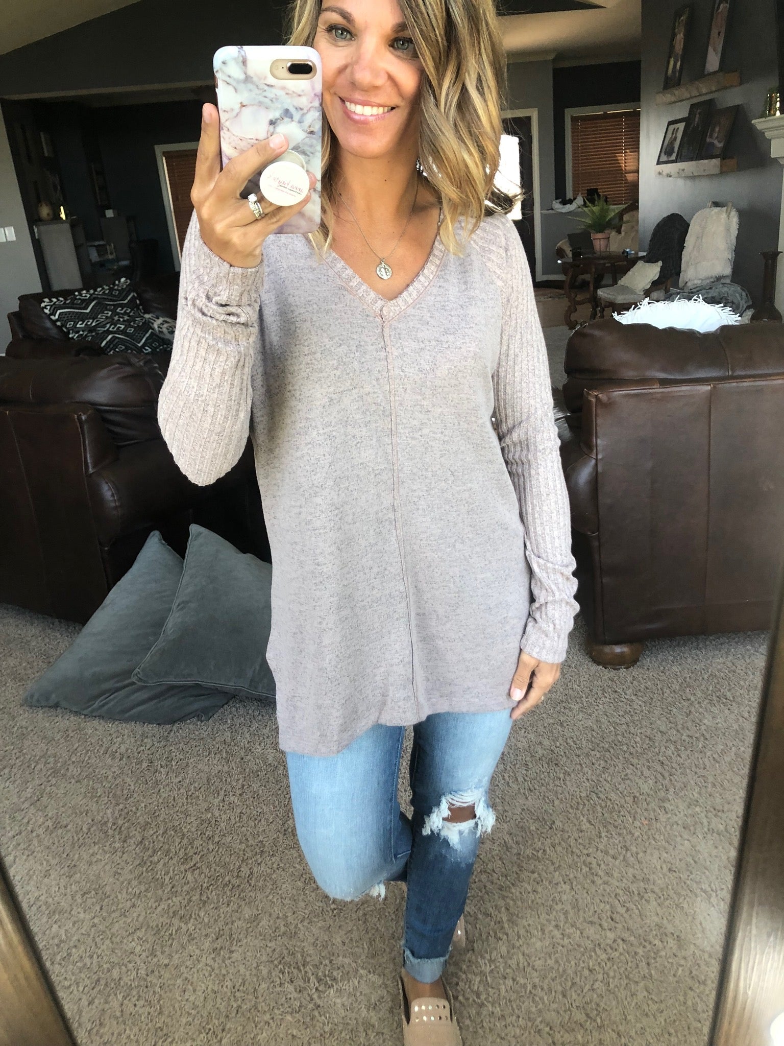 Better Luck Next Time Heathered Mauve Long Sleeve with Ribbed Sleeve