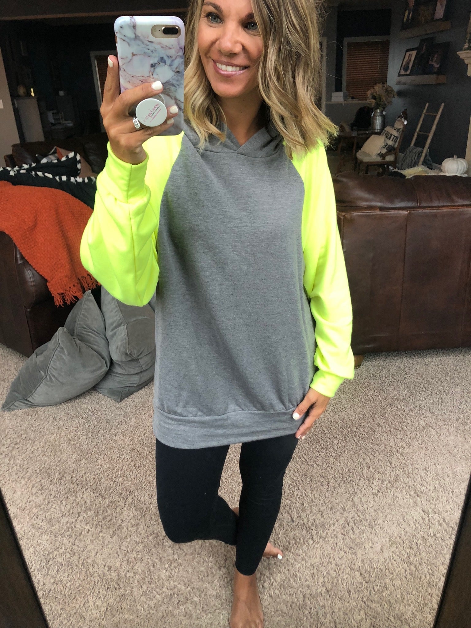 Show Stopper Grey Hoodie with Neon Yellow Sleeves