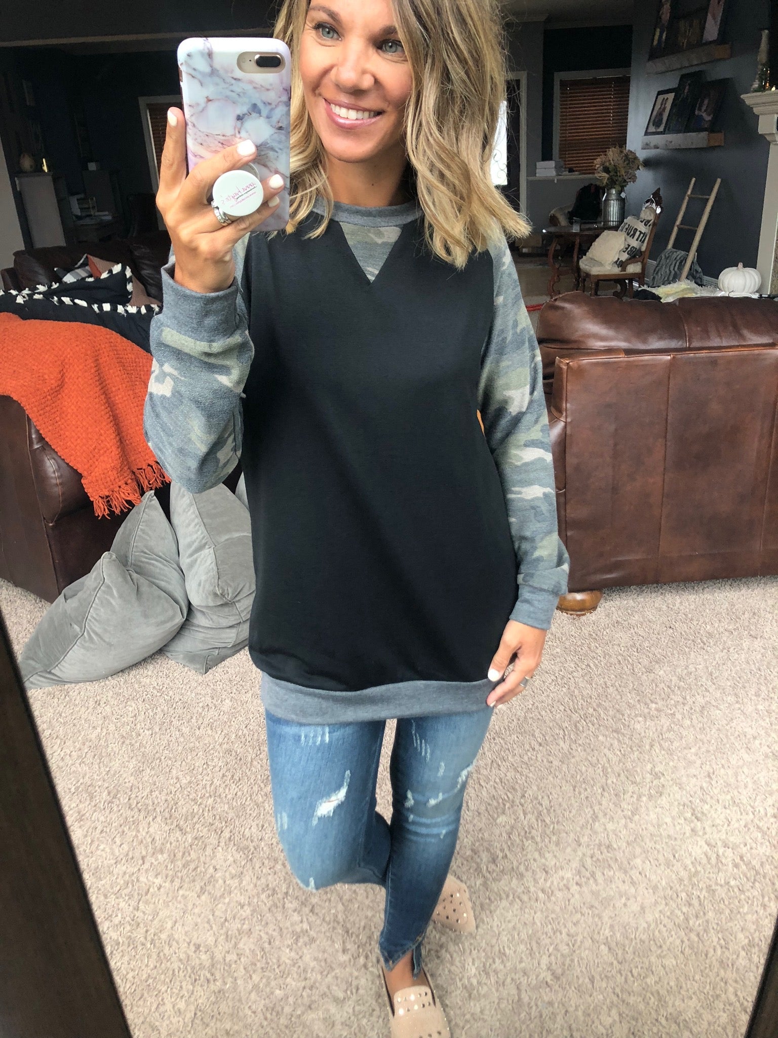 Don't Hide Away Black Long Sleeve with Camo Sleeve