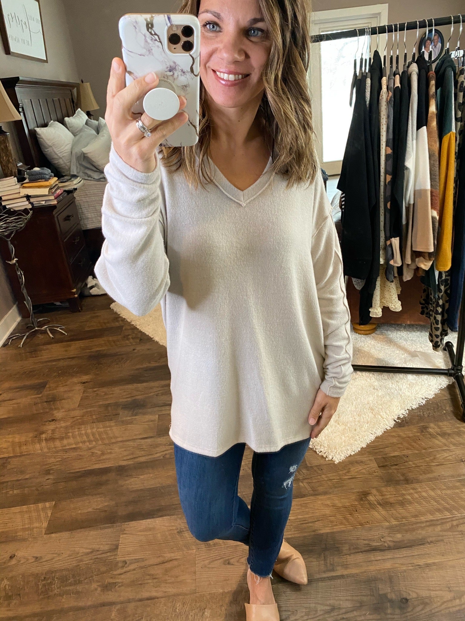 Nightfall Heather Grey Brushed Fleece V-Neck Long Sleeve