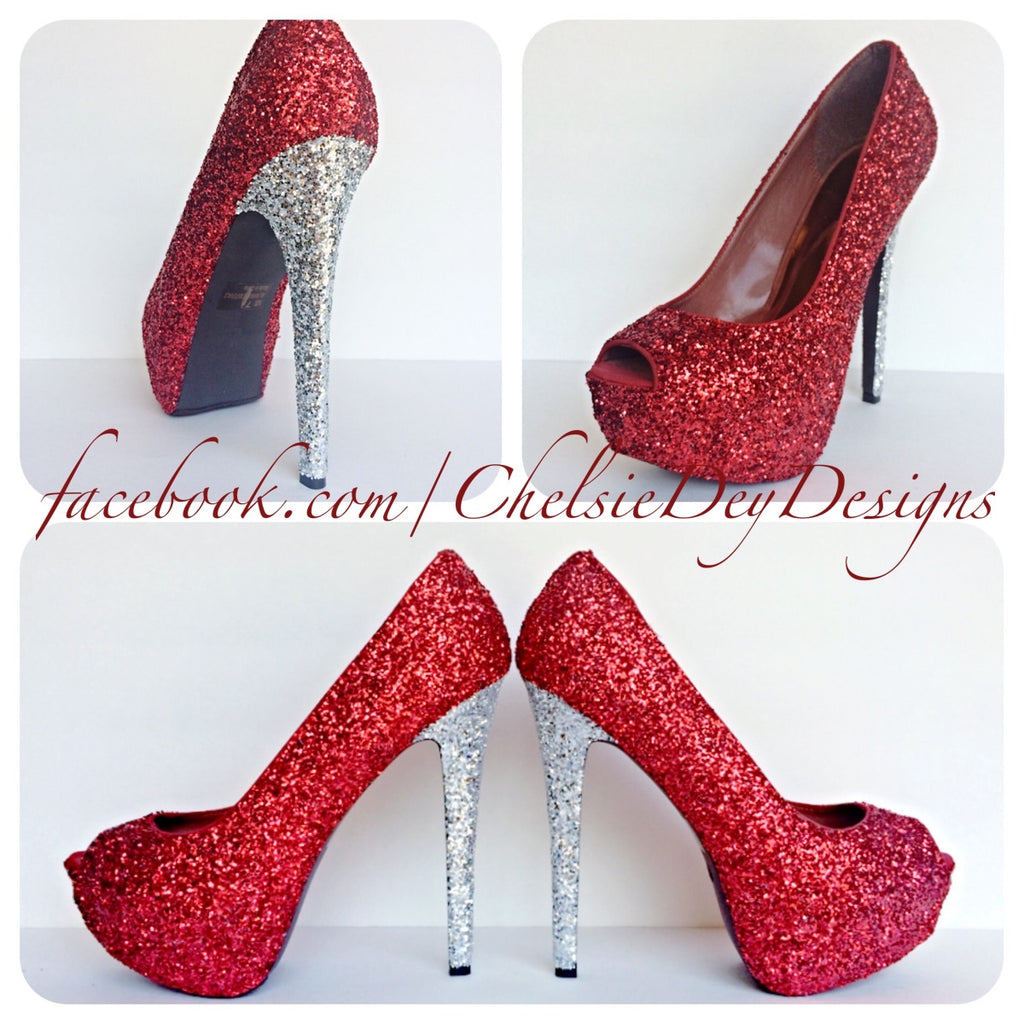 red glitter open toe heels