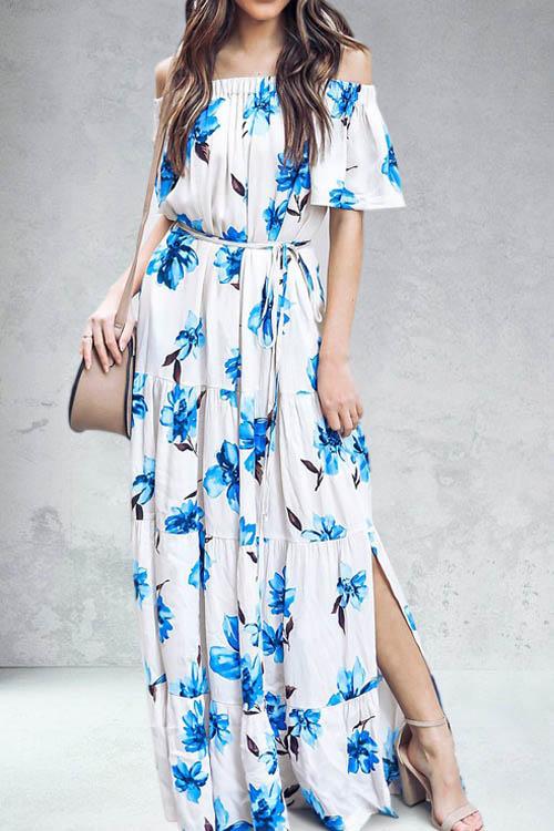 Awadolls Fashion Off Shoulder Short Sleeve Floral Slit Maxi Dress