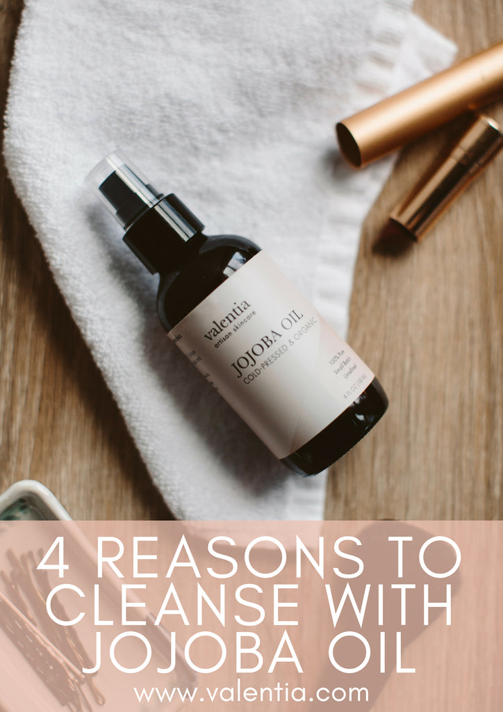 4 Reasons You Should Be Cleansing with Jojoba Oil | It's time to say goodbye to your old drug store makeup remover. The best ingredient for removing grime and makeup from the skin in a natural, healthy way isn’t technically a makeup remover at all—it’s just velvety smooth jojoba oil! Discover the natural makeup remover secret that has beauty experts all excited, and how jojoba oil can beautify your skin every single time you cleanse. | Valentia Artisan Skincare 