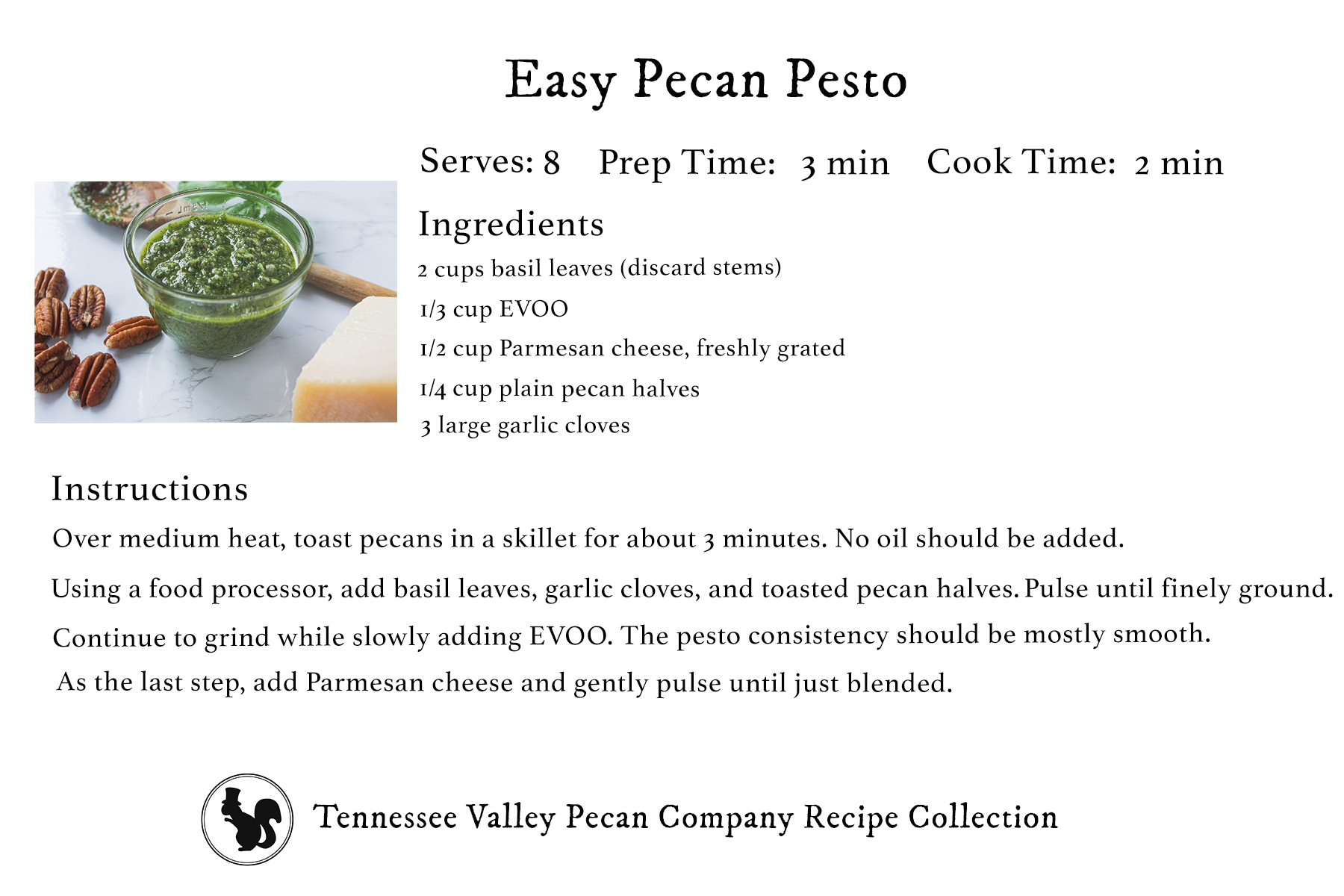 pecan pesto recipe card | Tennessee Valley Pecan Company