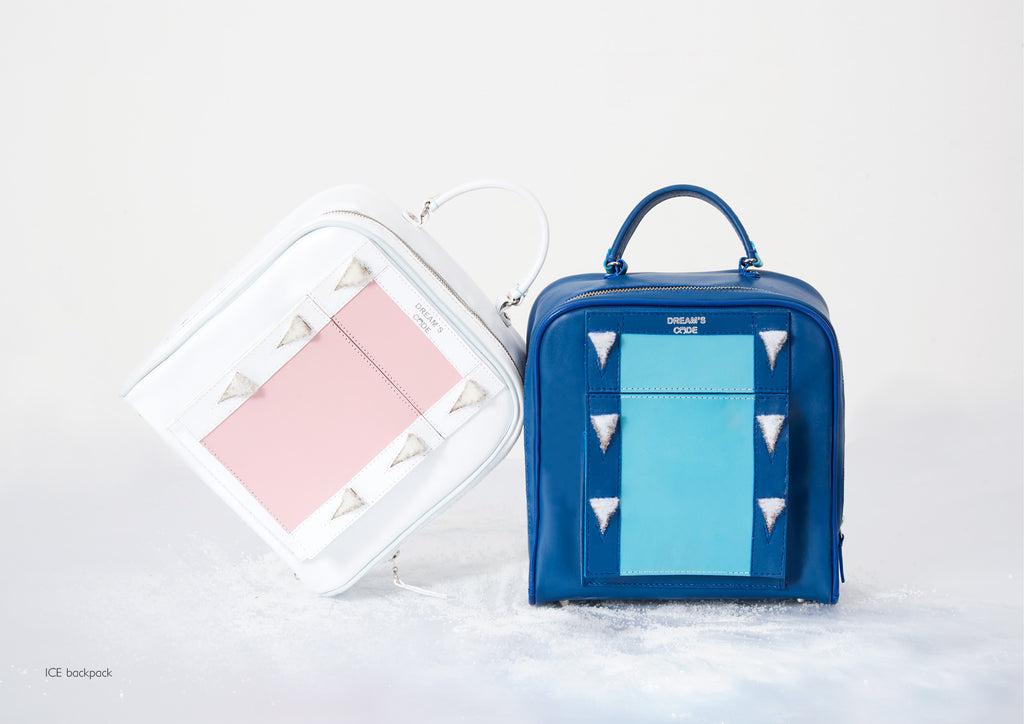 Dream's Code electric blue and white backpacks with handmade 3D ice spike embroidery