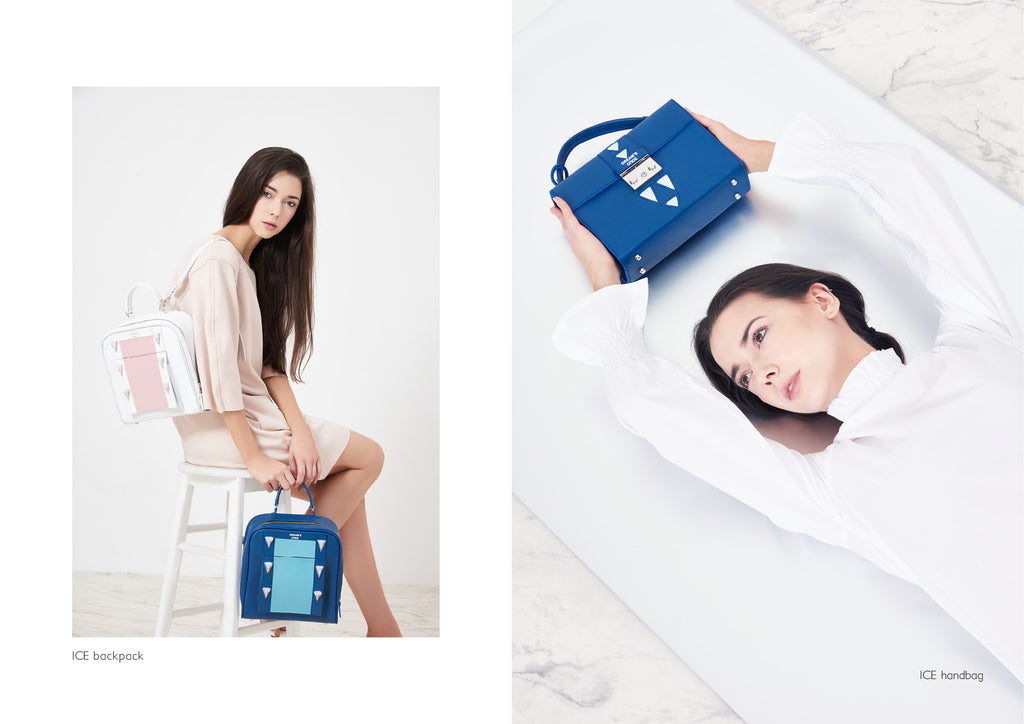 Dream's Code white and blue leather ice backpacks + electric blue leather handbag