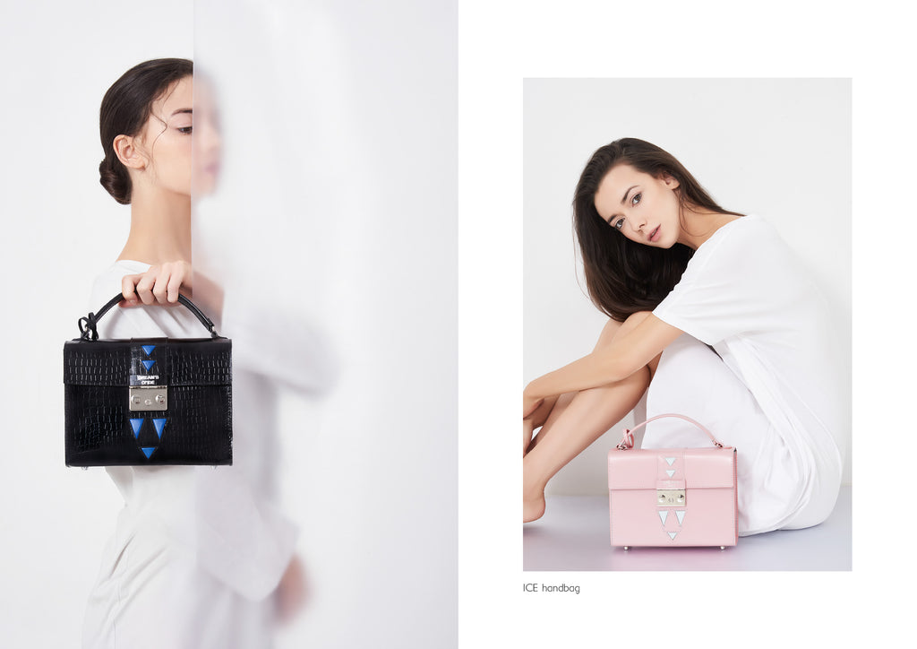 Dream's Code black and pink leather handbags both with triangle details