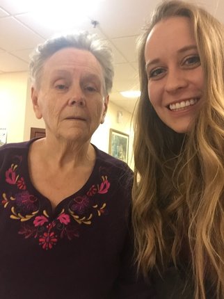 smiling selfie of woman with her grandma with dementia