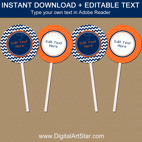 Birthday Printable Cupcake Toppers Navy Blue Orange White