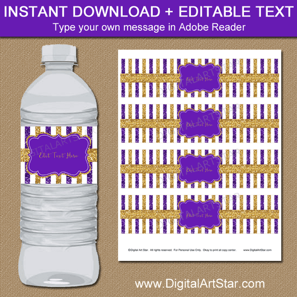 60th Birthday Party Water Bottle Labels Purple and Gold Glitter Stripes