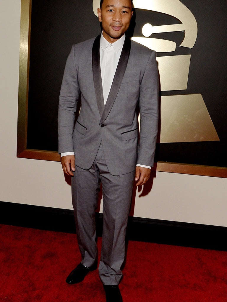 John Legend - Grey Dinner Suit with Satin Lapel and Black Patent Leather Shoes