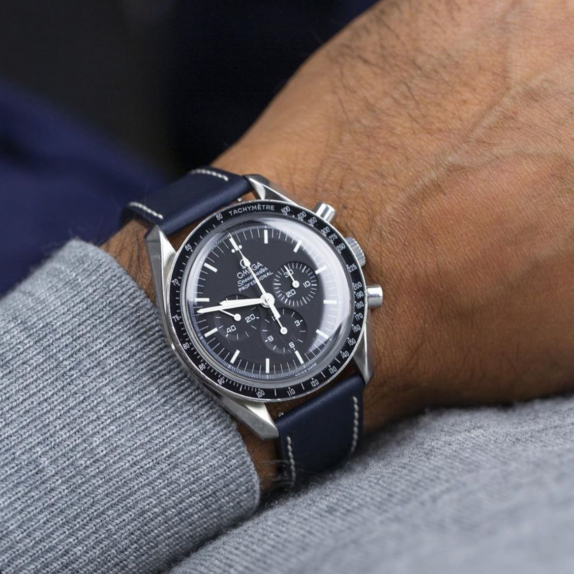 Molequin Navy Leather Strap on Speedmaster