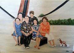 Commissioned painting of family under whale rail with dog added 
