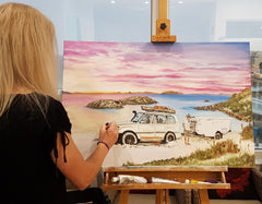 Commissioned painting of twilight cove with extra car added