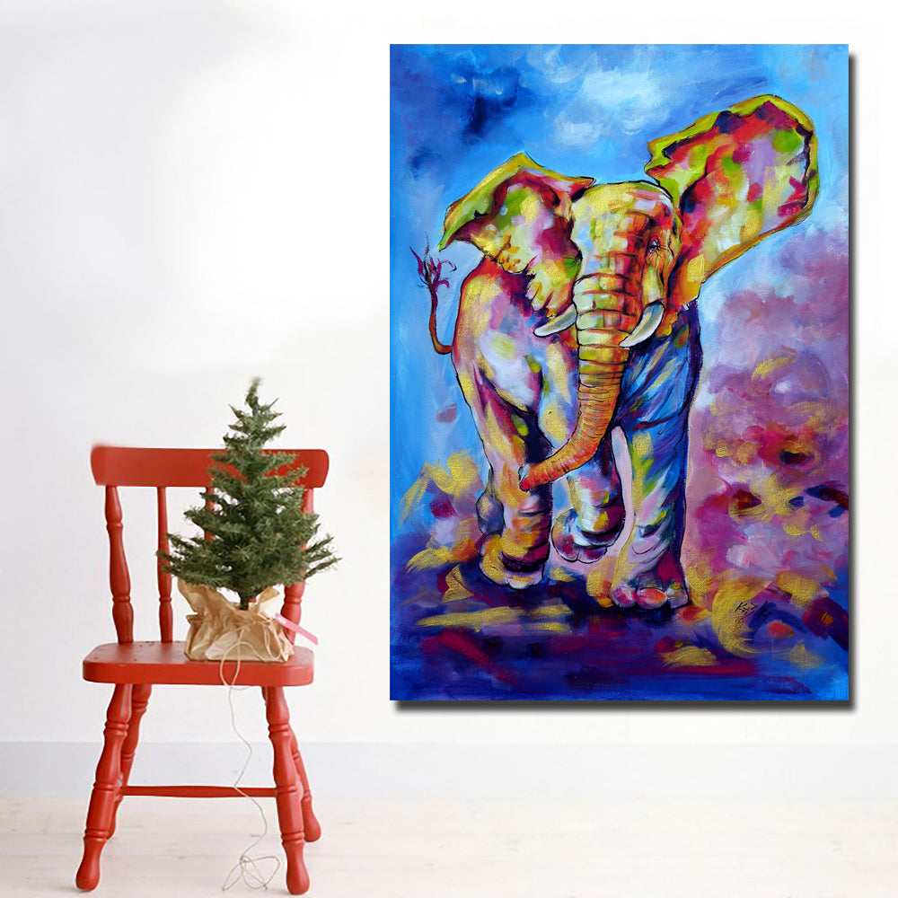 Hd Prints Large Size Animal Colorful Elephant Canvas Painting Blue Bac Discount Canvas Print