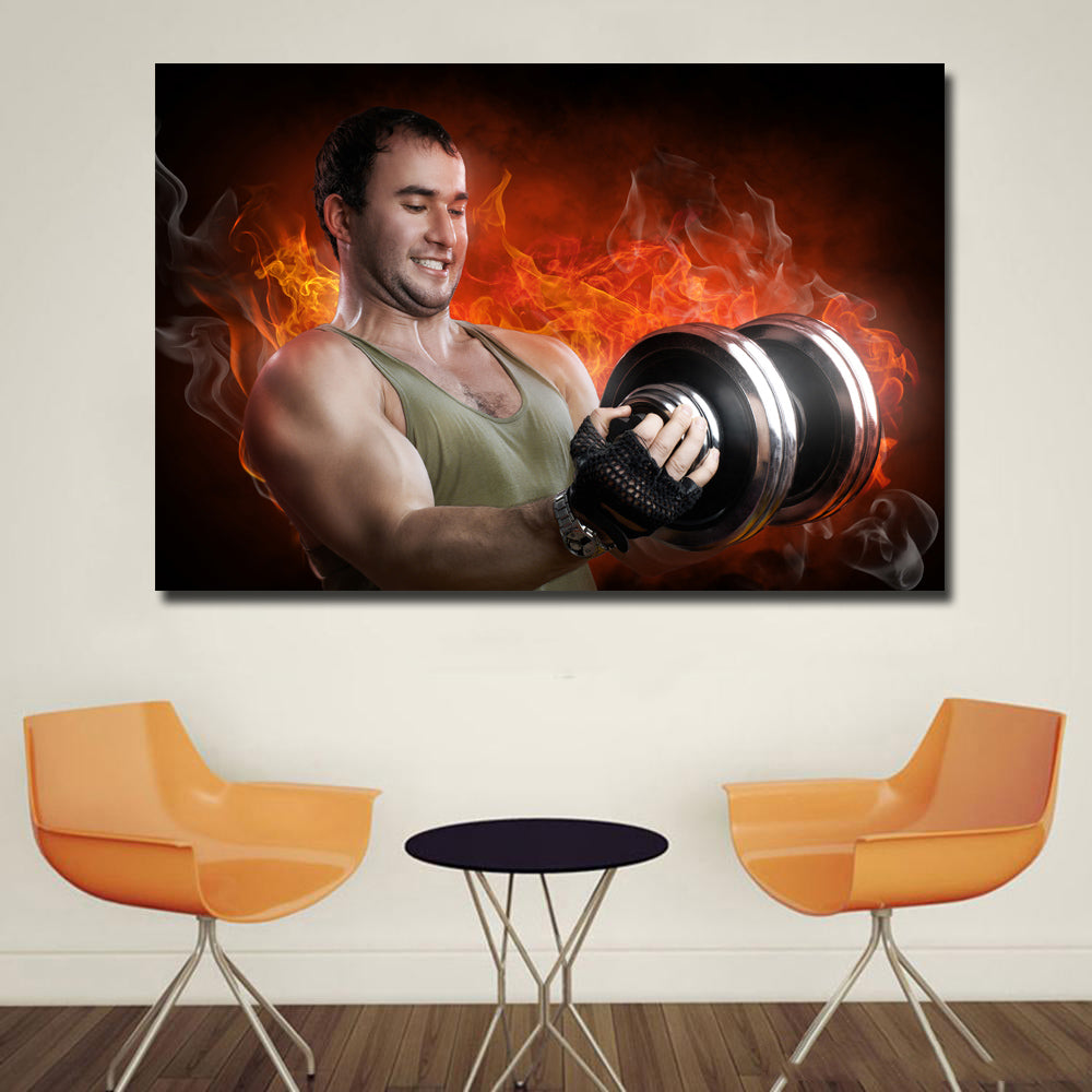 Unframed Canvas Art Men Fire Dumbbells Muscle Posters Hd Printed