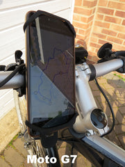 A Moto G7 phone in the BTR silicone bike handlebars phone mount