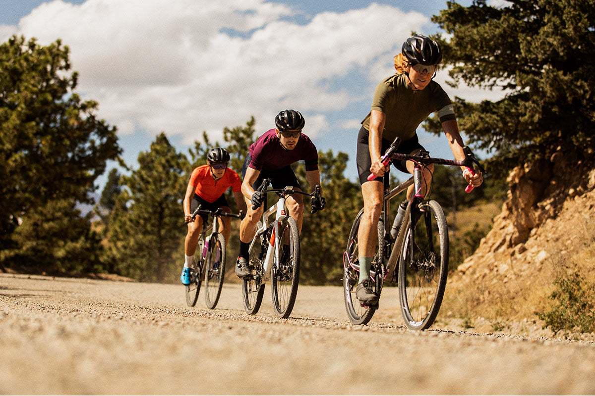 Three people on a gravel bike ride