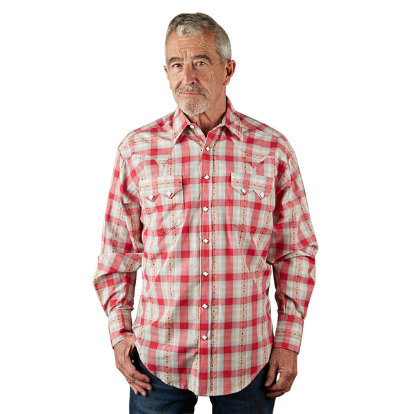 Men's Shadow Plaid Dobby Lurex Western Shirt in Red