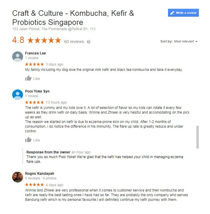 Craft Culture Best in Singapore Kombucha Kefir Google Reviews