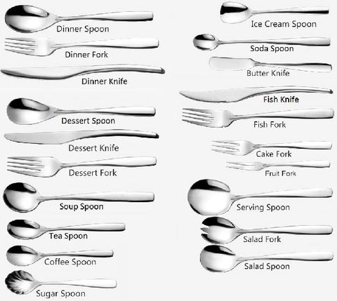 picture of different types of spoon, forks, and knives