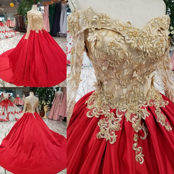 red strapless ball gown