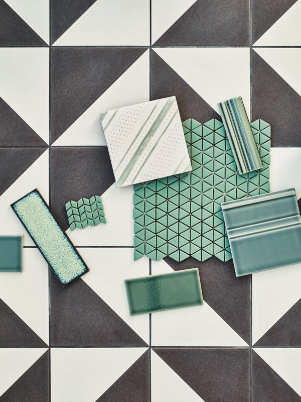 A colourful flatlay showcasing a range of Claybrook tile designs against their Semaphore Enterprise tiles